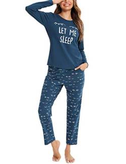 EISHOPEER Damen Soft Langarm Pyjama Set Cute Print Top und Hose Pjs Lounge Nachtwäsche Sets mit Tasche, A -Peacock Blue, M von EISHOPEER