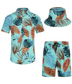 EISHOPEER Hawaii-Set für Herren, Blumenmuster, lässig, kurzärmelig, Hemd und Shorts, Anzüge, Outfits mit Eimerhüten, Pat_ Lake Green (mit Hut), Medium von EISHOPEER