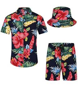 EISHOPEER Hawaii-Set für Herren, Blumenmuster, lässig, kurzärmelig, Hemd und Shorts, Anzüge, Outfits mit Eimerhüten, Pat_Navy & Red Flower (mit Hut), Large von EISHOPEER