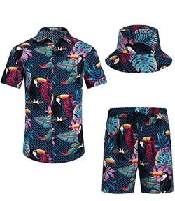 EISHOPEER Hawaii-Sets für Herren, mit Blumenmuster, lässig, kurzärmelig, Hemd und Shorts, Anzüge, Pat_ Navy & Bird (mit Hut), 4X-Large von EISHOPEER
