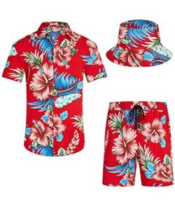 EISHOPEER Hawaii-Sets für Herren, mit Blumenmuster, lässig, kurzärmelig, Hemd und Shorts, Anzüge, Pat_Red & Flower (mit Hut), XX-Large von EISHOPEER