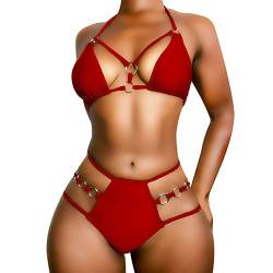 EJsoyo Damen Sexy Tanga-Bikini, Badeanzüge, Schnur, Push-Up, gepolsterter Badeanzug, 2-teilig, freche Bademode mit Metallring, rot, Small von EJsoyo