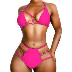 EJsoyo Damen Sexy Tanga Bikini Badeanz¨¹ge String Push Up Gepolsterter Badeanzug 2 St¨¹ck Freche Bademode mit Metallring, Rosa, Medium von EJsoyo