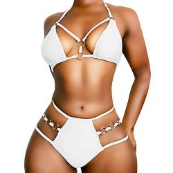 EJsoyo Damen Sexy Tanga Bikini Badeanzüge String Push Up Gepolsterter Badeanzug 2 Stück Freche Bademode mit Metallring, 1-weiß, Medium von EJsoyo