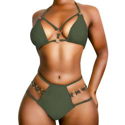 EJsoyo Damen Sexy Tanga Bikini Badeanzüge String Push Up Gepolsterter Badeanzug 2 Stück Freche Bademode mit Metallring, armee-grün, Small von EJsoyo