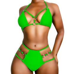 EJsoyo Damen Sexy Tanga Bikini Badeanzüge String Push Up Gepolsterter Badeanzug 2 Stück Freche Bademode mit Metallring, neon green, Medium von EJsoyo