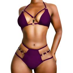 EJsoyo Damen Sexy Tanga Bikini Badeanzüge String Push Up Gepolsterter Badeanzug 2-teilig freche Bademode mit Metallring, Violett, Medium von EJsoyo