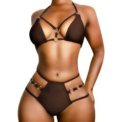 EJsoyo Damen Sexy Tanga Bikini Badeanzüge String Push Up Gepolsterter Badeanzug 2-teilig freche Bademode mit Metallring, kaffeebraun, Medium von EJsoyo