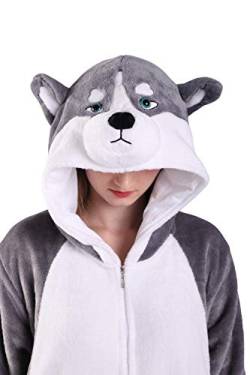 EJsoyo Erwachsene Einteiler Hase Nachtwäsche Löwe Tier Welpe Cartoon Kostüm und Teens Pyjama Unisex Weihnachten Halloween Cosplay M, Graue Huskies von EJsoyo