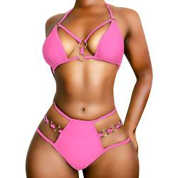 EJsoyo Sexy Tanga-Bikini, Badeanzug, String, Push-Up, gepolstert, 2-teilig, freche Bademode mit Metallring, rose, Small von EJsoyo