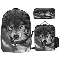 3D Wolf Schulrucksack Jungen Rucksack Schultasche Teenager Schul Rucksack für Kinder Schultaschen-Sets mit Lunchpaket und Federmäppchen (wolf4,12.6inx5.5inx17in) von EKOMIS