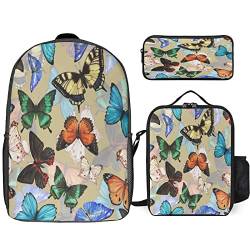 Rucksack Set 3-in-1 Kinder Schultasche,Lunch-Tasche,Federmäppchen Geschenk für Teenager,Jungen und Mädchen,Butterfly Schulrucksack (girl5,12.6inx5.5inx17in) von EKOMIS