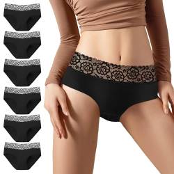 EKSHER Damen Unterwäsche 6er Pack Unterhosen Damen Slips Mehrpack Sportunterhosen Baumwolle Unterwäsche Mittel Taille Sexy Spitze Panties Hipster Schwarz M von EKSHER