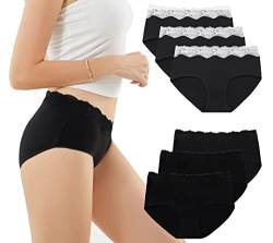 EKSHER Damen Unterwäsche Sexy Spitze Slip 6er Pack Baumwoll Unterhosen Mittel Taille Hipster Pantys Frauen Schwarz XS von EKSHER