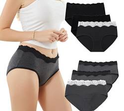 EKSHER Damen Unterwäsche Slips Mehrpack Sexy Spitze Unterhosen Frauen Mittel Taille Hipster Pantys 6er Pack Schwarz Grau L von EKSHER