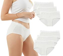 EKSHER Unterhosen Damen Unterwäsche Spitze Slip 6er Pack Sexy Hipster Panty Mittel Taille Baumwolle Hotpants Atmungsaktive Weiß L von EKSHER