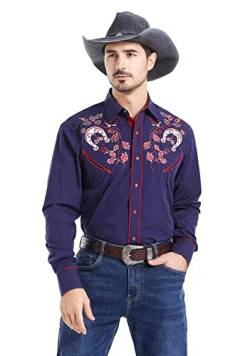 EL PIONERO Herren Hemd mit Blumenmuster und Hufeisen, bestickt, langärmelig, Retro-Stil, Cowboy-Hemd, dunkelblau, XX-Large von EL PIONERO