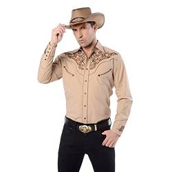 EL PIONERO Herren Langarmhemd bestickt Casual Button Down Bestickt Western Cowboy Shirts - Beige - Groß von EL PIONERO
