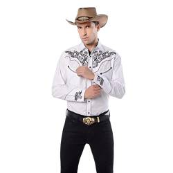 EL PIONERO Herren Langarmhemd bestickt Casual Button Down Bestickt Western Cowboy Shirts - Weiß - Mittel von EL PIONERO