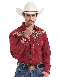 EL PIONERO Herren Westernhemd Langarm Bestickt Cowboy Casual Druckknopf Hemd, Burgunder, 3X-Groß von EL PIONERO