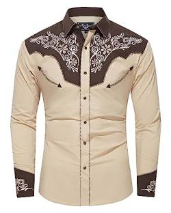 EL PIONERO Herren Westernhemd Langarm Bestickt Cowboy Casual Druckknopf Hemd, Khaki, Schokolade, Klein von EL PIONERO