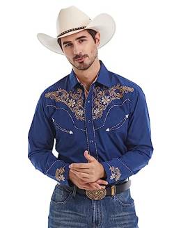 EL PIONERO Herren Westernhemd Langarm Bestickt Cowboy Casual Druckknopf Hemd, Marineblau, L von EL PIONERO
