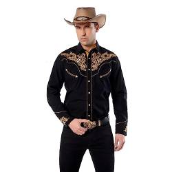 EL PIONERO Herren Westernhemd Langarm Bestickt Cowboy Casual Druckknopf Hemd, Schwarz / Gelb, XL von EL PIONERO