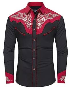 EL PIONERO Herren Westernhemd Langarm Bestickt Cowboy Casual Druckknopf Hemd, Schwarz Frisch Rot, 3X-Groß von EL PIONERO