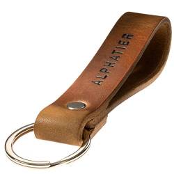 ELBERCRAFT Schlüsselanhänger Leder ALPHATIER Geschenk für Frauen oder Männer pflanzlich gegerbt braun mit gravur schwarz 12 cm made in Germany Leather Keychain von ELBERCRAFT