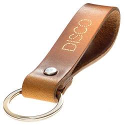 ELBERCRAFT Schlüsselanhänger Leder DISCO Geschenk für Frauen oder Männer pflanzlich gegerbt braun mit gravur gold 12 cm made in Germany Leather Keychain von ELBERCRAFT