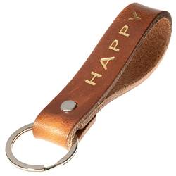 ELBERCRAFT Schlüsselanhänger Leder HAPPY Geschenk für Frauen oder Männer pflanzlich gegerbt braun mit gravur gold 12 cm made in Germany Leather Keychain von ELBERCRAFT