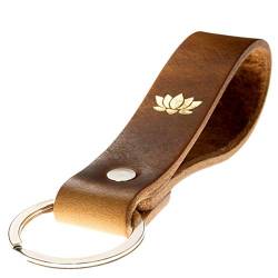 ELBERCRAFT Schlüsselanhänger Leder Lotusblüte Geschenk für Frauen oder Männer pflanzlich gegerbt braun mit gravur gold 12 cm made in Germany Leather Keychain von ELBERCRAFT