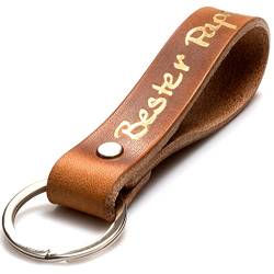 ELBERCRAFT Schlüsselanhänger Leder bester papa Geschenk für Frauen oder Männer pflanzlich gegerbt braun mit gravur gold 12 cm made in Germany Leather Keychain von ELBERCRAFT