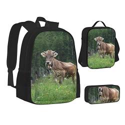 ELBULL Bell Orchidee Schulrucksack Jungen Mädchen Schulbüchertasche Set Schüler Rucksack mit Lunchbox und Federmäppchen, Real Swiss Cow Brown, Einheitsgröße, Reiserucksäcke von ELBULL