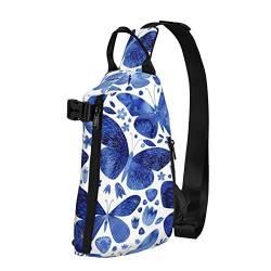 ELBULL Blaue Schmetterlinge Print Sling Bag Crossbody Sling Rucksack Schultertasche Brusttasche Reise Wandern Outdoor Daypack Schwarz Einheitsgröße Schwarz Einheitsgröße, Schwarz , Einheitsgröße, Europäischer und amerikanischer Stil von ELBULL