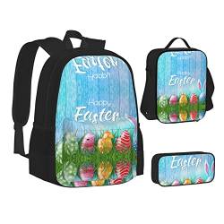 ELBULL Japanische Kirschblumen Schulrucksack Jungen Mädchen Schule Büchertasche Set Schüler Rucksack mit Lunchbox und Federmäppchen, Ostereier Hase Gras Holz, Einheitsgröße, Reiserucksäcke von ELBULL