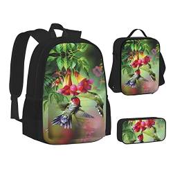 ELBULL Kolibri-Blumen-Schulrucksack für Jungen und Mädchen, Schul-Büchertaschen-Set, Schüler-Rucksack mit Lunchbox und Federmäppchen, Kolibri-Blumen, Einheitsgröße, Reiserucksäcke von ELBULL