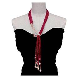 ELCCHRLD Ketten für Damen 10 Reihen Pullover Kette Halskette roter Kristall kultiviert rosa Reis Perle lange Lasso Halskette modischer Schmuck Mode-Accessoires von ELCCHRLD
