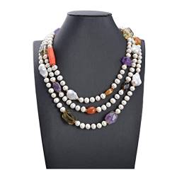 ELCCHRLD Ketten für Damen 19 Zoll 3 Reihen kultivierte weiße Perlen-Keshi-Perlen-Multi-Edelstein-Stein-Halskette erfüllen Mode-Accessoires von ELCCHRLD