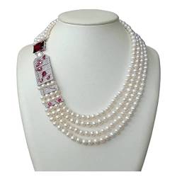 ELCCHRLD Ketten für Damen 21-23 Zoll 4 Stränge Süßwasser kultivierte weiße Perle Zirkonia Pave Big Rectangle Connector Choker Halskette Mode-Accessoires von ELCCHRLD