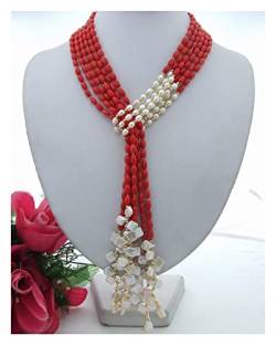 ELCCHRLD Ketten für Damen 51inch 3Strands kultivierte weiße Keshi-Süßwasserperlen-Reis-rote Koralle-lange Schleifen-Halsketten-Pullover-Ketten-Halskette Mode-Accessoires von ELCCHRLD