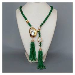 ELCCHRLD Ketten für Damen Handgemachte grüne Achate kultivierte große weiße Keshi-Perlen-Quasten-lange Halskette 105cm Pullover-Ketten-Halskette Mode-Accessoires von ELCCHRLD