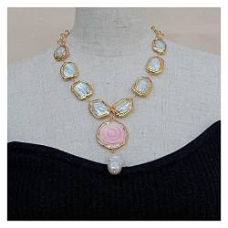 ELCCHRLD Ketten für Damen Kultivierte weiße Keshi-Perle?Halskette Goldfarbe plattiert rosa Queen Conch Blume Perle Anhänger Halskette 19 Zoll Mode-Accessoires von ELCCHRLD