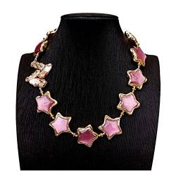 ELCCHRLD Ketten für Damen Rosa Katzenauge Sternform Goldfarbe überzogener rosa Biwa-Perlen-Verbindungs-Halsketten-handgemachter Schmuck Mode-Accessoires von ELCCHRLD