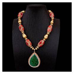 ELCCHRLD Ketten für Damen Rote Koralle Crystal Pave Gebürstete Perlenkette Echter grüner Malachit-Anhänger 20 Zoll Mode-Accessoires von ELCCHRLD