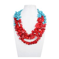 ELCCHRLD Ketten für Damen Schmuck 19 Zoll 3 Strands Red Coral Blue Teardrop Türkis Stein Halskette for Frauen erfüllen Mode-Accessoires von ELCCHRLD