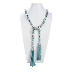 ELCCHRLD Ketten für Damen Schmuck lange 37 Zoll natürliche blaue Larimar weiße Perle Kristall Quasten Halskette for Frauen Pullover Kette erfüllen Mode-Accessoires von ELCCHRLD