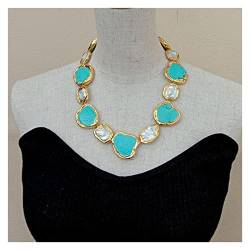 ELCCHRLD Kultivierte weiße Keshi-Perlen, blaue Howlithen mit goldfarben plattiertem Rand, Choker-Halskette, 50,8 cm, Vintage-Stil for Frauen von ELCCHRLD