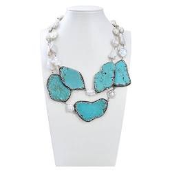 ELCCHRLD Schmuck 2 Reihen 22-24 Zoll Naturweiße Keshi-Blumen-Perlen-Blumen-gepflasterte blaue Türkis-Scheiben-Nugget-Halskette for Frauen erfüllen von ELCCHRLD