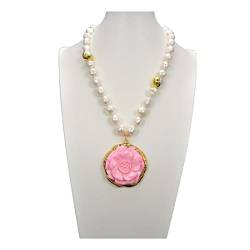 ELCCHRLD Schmuck Einzigartige Perlenkette Vergoldet Rosa Türkise Blumenanhänger Weiße Barockperlenkette 18 Zoll for Frauen erfüllen von ELCCHRLD